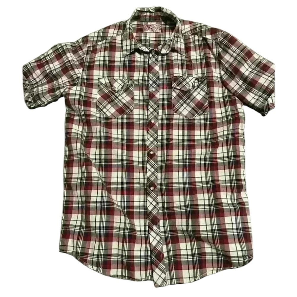 Men’s collared  shirt button up by Ripzone reds blacks and white size large